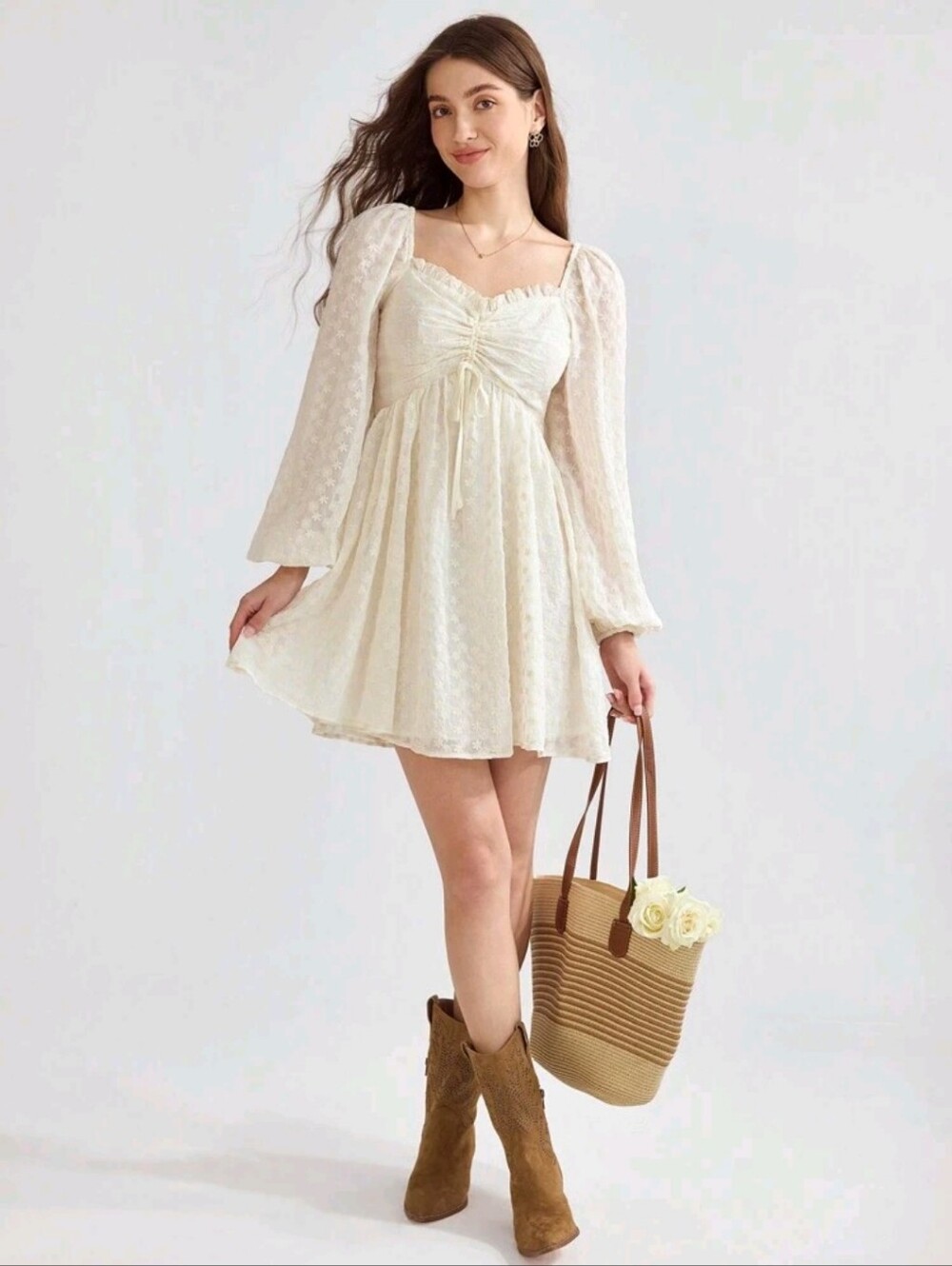 SHEIN Cream Swiss Dot Ruched Sweetheart Mini Dress